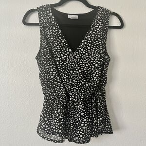Japna Faux Wrap Sleeveless Black & Gray Blouse Tie Waist Size M
